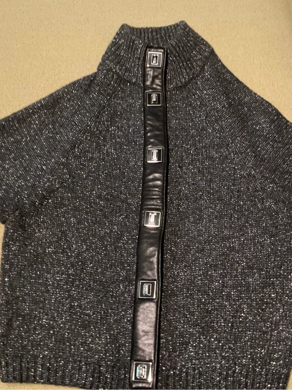 Tory Burch Metallic Charcoal Knit Sweater with Black Leather Trim
